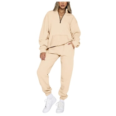 IROINNID Survêtement pour Femmes Ensemble 2 Pcs en Solde Décontracté Col Montant Manches Longues Hauts à Fermeture Éclair Chandail avec Poche et Pantalon à Cordon Ensembles Tenue de Sport, Beige