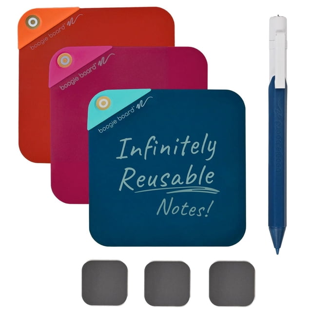 VersaNotes™ Notes Réutilisables 4X4 Ensemble de Départ avec Trois Tableaux à Notes LCD Flexibles Carrés de 4 Pouces en Rouge, magenta et Bleu avec Coins Magnétiques, un Stylet Bleu pour Écrire et Effacer, et Trois Plaquettes de Montage Métalliques à Dos Adhésif pour Fixation Magnétique, Convient pour le Bureau Ou la Maison.
