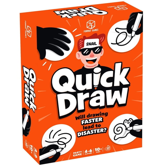 Jeu de Société à Tirage Rapide par Format Games avec une Boîte orange Présentant des Mains de Dessin Animé avec des Marqueurs Effaçables à Sec Noirs sur des Cercles Blancs, Texte Blanc et Noir Audacieux, pour 4 à 6 Joueurs de 10 Ans et Plus, avec un Temps de Jeu de 20 Minutes.