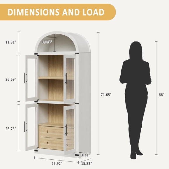GloryStar Arched Bookshelf with Doors and Drawers Farmhouse Bookcase 15.83in Depth Display Storage Shelves 71.4in Tall Wooden Display Cabinet Rounded Bookcases for Living Room, Kitchen, Office