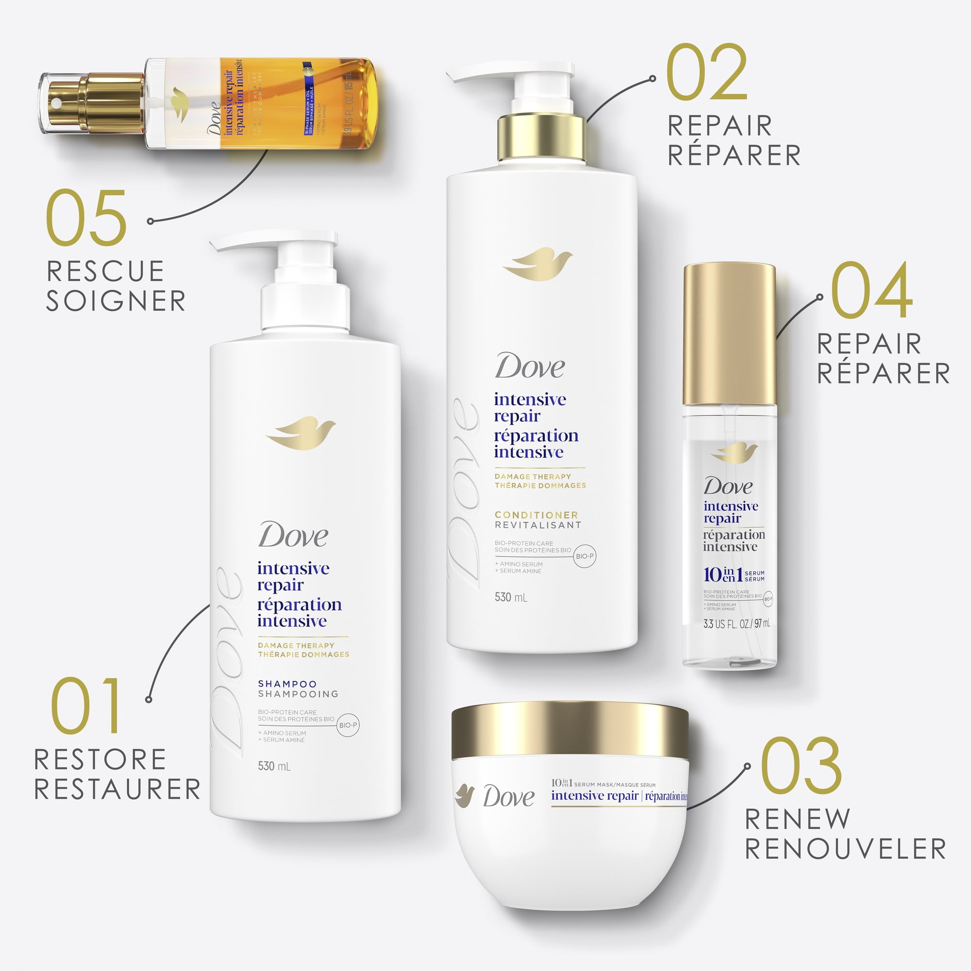 Dove Sérum Biphasé + Huile Réparation Intensive + Sérum Aminé, 115 ml