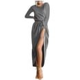 thumbnail image 1 of cfhntfmh Robes de Cocktail pour Femmes Automne Confortables Col Rond Manches Longues Longue Robe Maxi Douce Aguichant Ceinturée Fente Latérale Robe de Soirée, 1 of 3