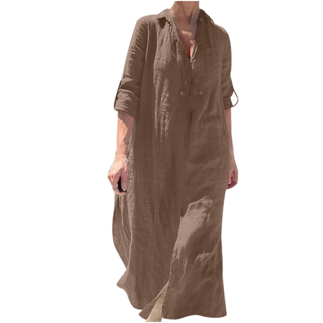 QUYUON Robes d'Invitée de Mariage pour Femmes Liquidation /été Col en V Manches 3/4 Robe en Coton et Lin Robes en Coton Femmes Robe Décontractée d'Été Midi Maxi Style D-13378 Kaki 5TG