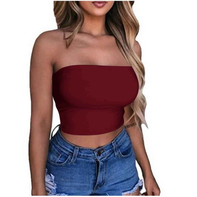 DPTALR Women's Solid Color Summer Casual Top Tube Top Strapless Blouse