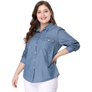 GRACE & GRANDEUR Women's Plus Size Long Sleeve Point Collar Denim Casual Shirt 4X Denim Blue