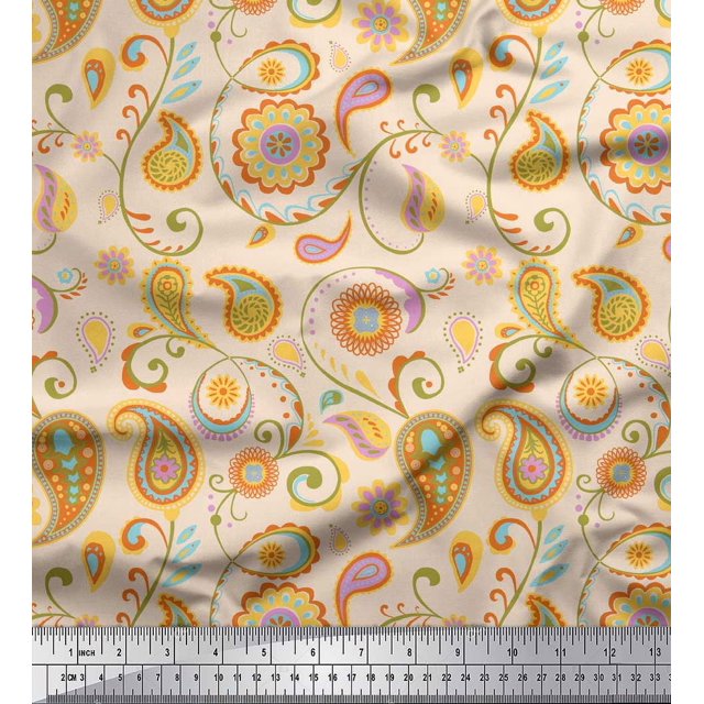 Soimoi White Poly Georgette Fabric Mandala & Paisley Decor Fabric Printed Yard 42 Inch Wide