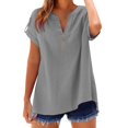 thumbnail image 2 of T-Shirts Femmes Blanchis Mode Décontractée pour Femmes Col en V Boutonné Manches Courtes Haut T-Shirt - Hontri, 2 of 4