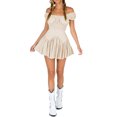 thumbnail image 2 of Honganda Women Summer Short Dress, Solid Color Ruched Bust Boat Neck Off Shoulder Puff Sleeve A-Line One Piece, 2 of 9