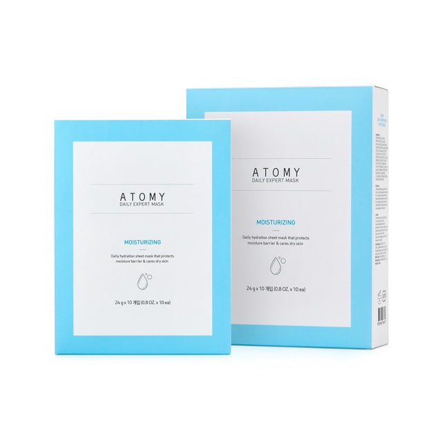 Atomy Ethereal Oil Patch 11 Sachets 5 Masks ea, a skincare product featuring moisturizing sheet masks that help protect the skin's moisture barrier and provide hydration for dry skin. The packaging is light blue and white with clear branding and product details.