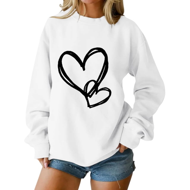 SOMOWI Chandails de la Saint-Valentin pour Femmes Sans Capuche Col Rond Manches Longues Décontracté Chandail Doux Tricoté Blanc Sortie Automne Hauts 2TG
