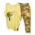 thumbnail image 1 of Mikilon Ensemble de Détente Confortable pour Femmes 2 Pcs Imprimé Décontracté Manches Moyennes Col Rond + Pantalon Jaune-C S, 1 of 6