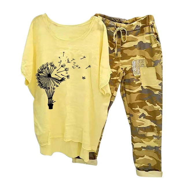 Mikilon Ensemble de Détente Confortable pour Femmes 2 Pcs Imprimé Décontracté Manches Moyennes Col Rond + Pantalon Jaune-C S