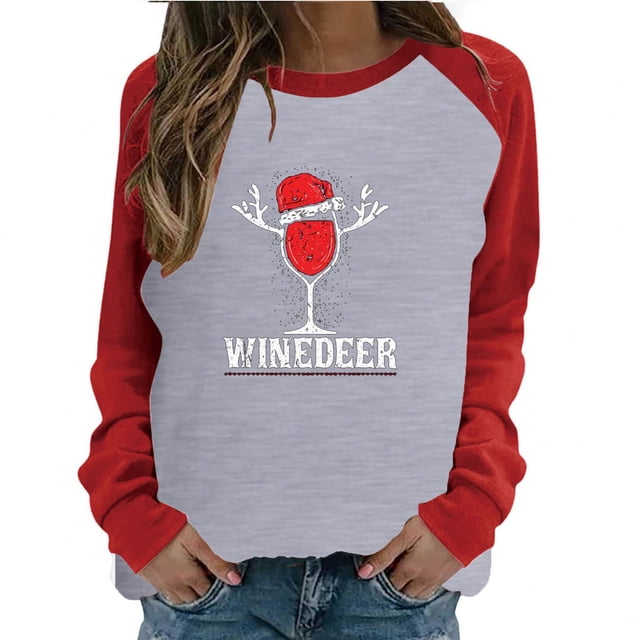 T-shirt de Noël pour Femmes T-Shirt de Printemps Patchwork de Noël Imprimé Manches Longues Col Rond T-Shirt Décontracté