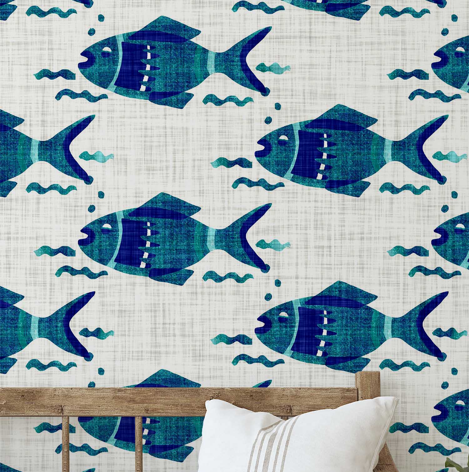 S4Sassy Self-Stick Decorative Boho Wallpaper, Fish Motif Wall Paper, Textured Vinyl Waterproof Contact Paper, Teal, 25"X360" Removable Renter Friendly Wall Covering For Bedroom, Dining Room