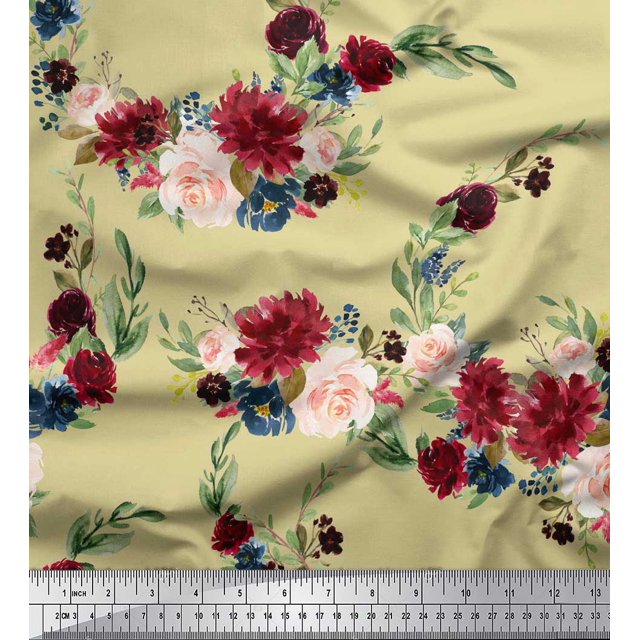 Soimoi Beige Heavy Satin Fabric Ranunculus & Penoy Floral Print Printed Craft Fabric By the Yard 56 Inch Wide