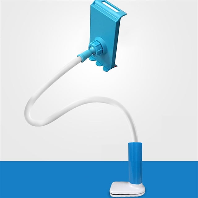 Tablet Cell Phone Bracket Lazy Bracket Adjustable Universal 360° Rotation Flexible Long Arms Clip Mount Gooseneck Phones Stand. The image shows a blue and white phone stand with a 75cm flexible gooseneck arm and a spiral base for stable support. The holder is compatible with devices ranging from 4 to 10.5 inches, including smartphones and tablets. It features a 360° adjustable claw clip for versatile positioning and an anti-slip silicone base to prevent scratches. Suitable for use on headboards, desks, and counters in bedrooms, kitchens, or offices.