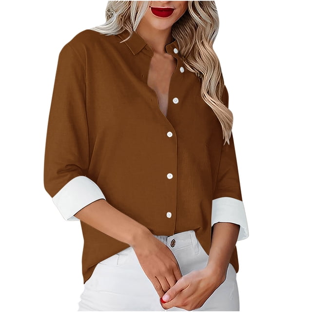 Besolor Button Down Shirts for Women Solid Color Long Sleeve Colared Tops Loose Office Blouses for Casual Work