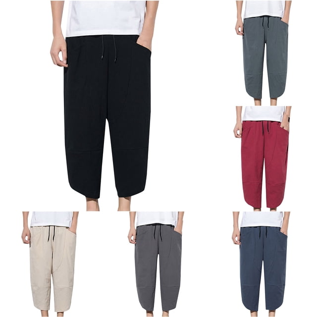 Jovati Cropped Pants for Men, Cotton Linen Blend, Drawstring Waist, 2 Front Pockets, Breathable Summer Wear, Loose Fit, Machine Washable