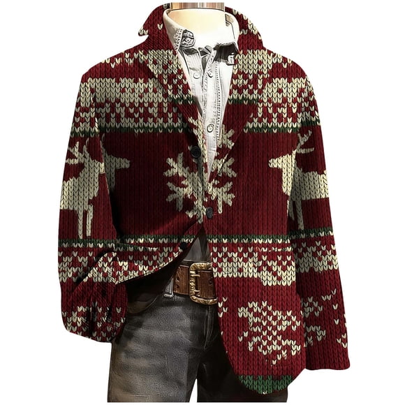 Lovzfmll Men's Corduroy Blazer Christmas Print Single Breasted Pocket Detail Red, M