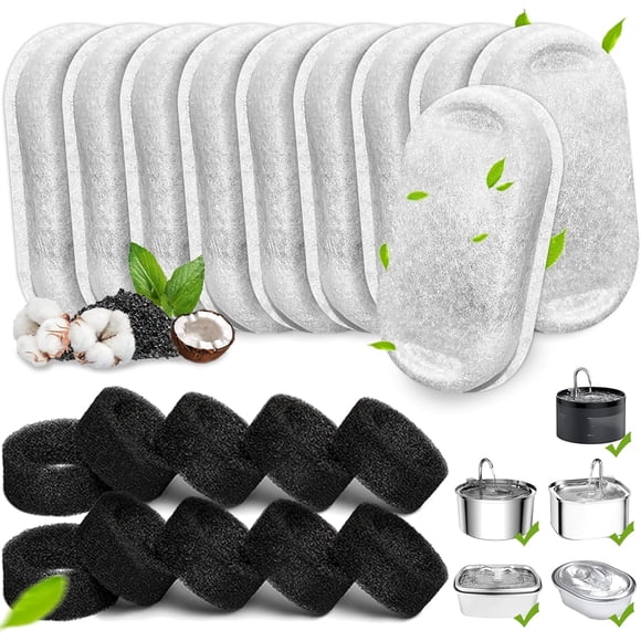 20Pack Cat Water Fountain Filters, Cat Fountain Replacement Filters for Stainless Steel 108oz/3.2L& 67oz/2L adjustable Water Flow Pet Water Fountain,Dog Water Fountain Filters(10 Filters& 10 Sponges)