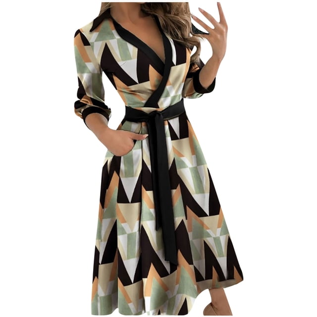 Fridja Robe Mi-Longue Décontractée à Col en V Imprimée à la Cheville pour Femme