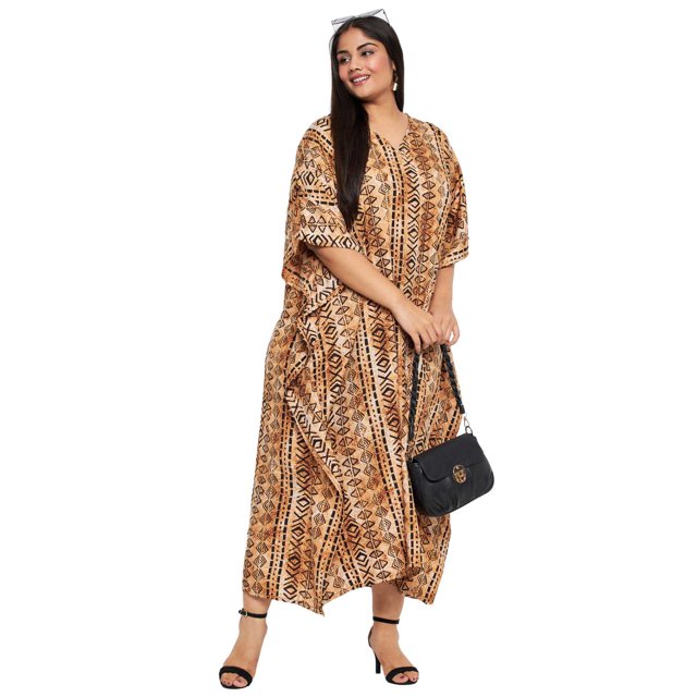 Oussum Robe Kaftan Longue Tribale Brun Pâle en Polyester Grande Taille pour Femmes