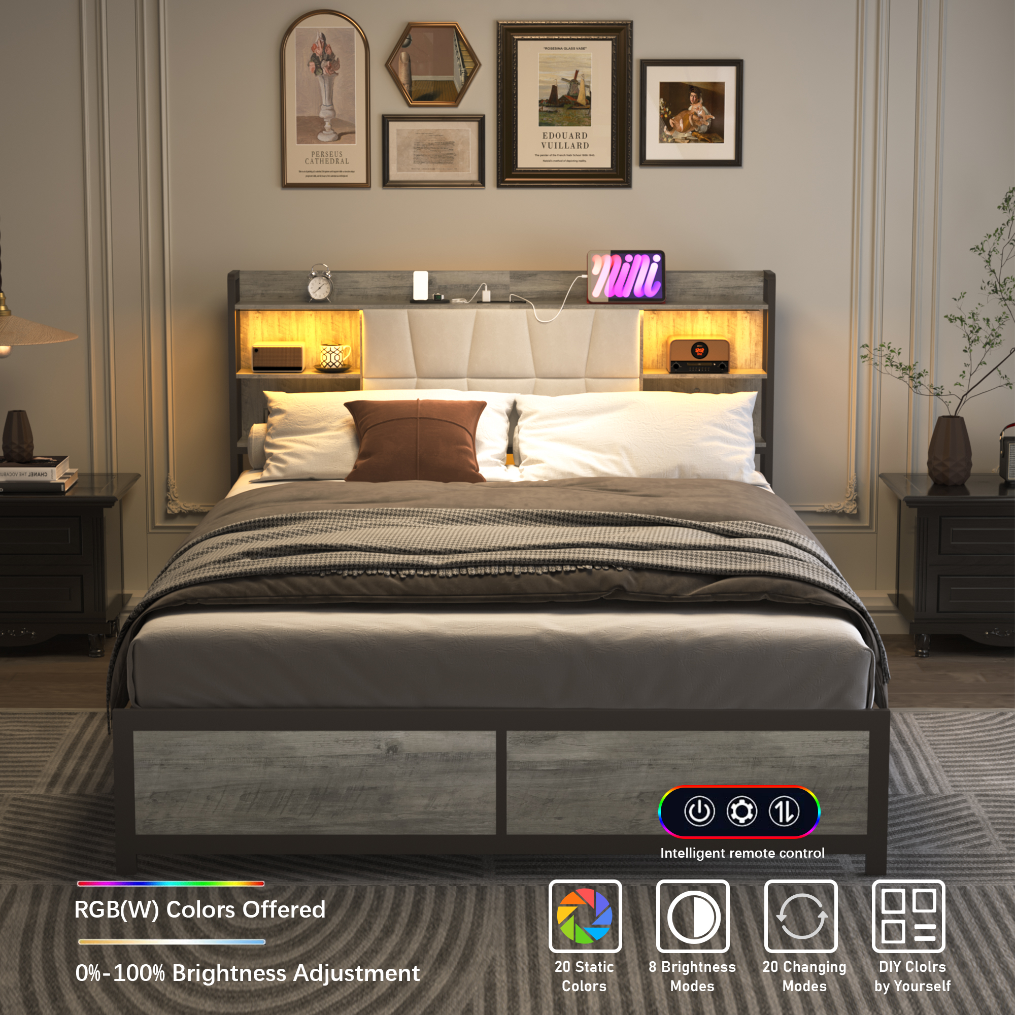 Noble House Queen Upholstered Platform Bed,LED Bookcase Headboard with Charging Station & Storage,Beige + White