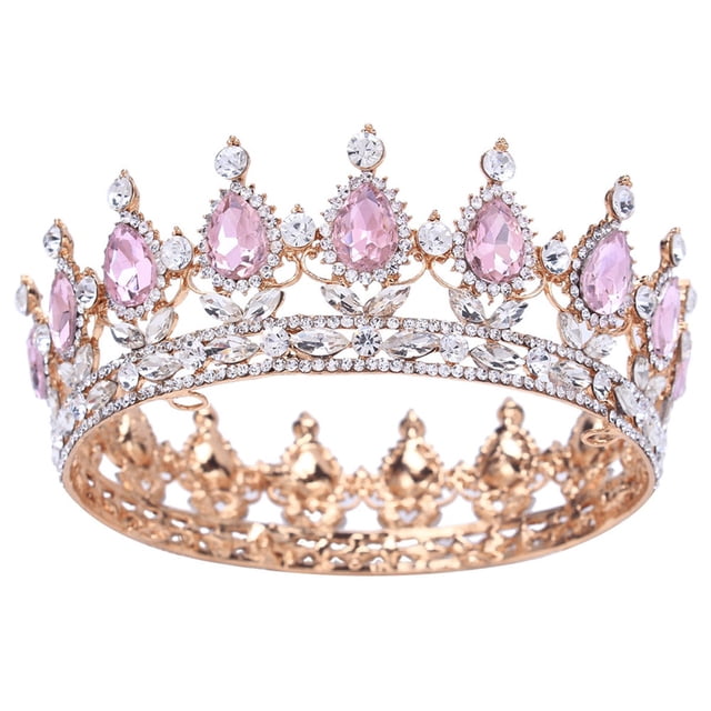 ZheElen Alloy Durable And Non-deforming Rhinestone For Wedding Or Cosplay Family Wedding Hair Crown Gold + pink 1Set