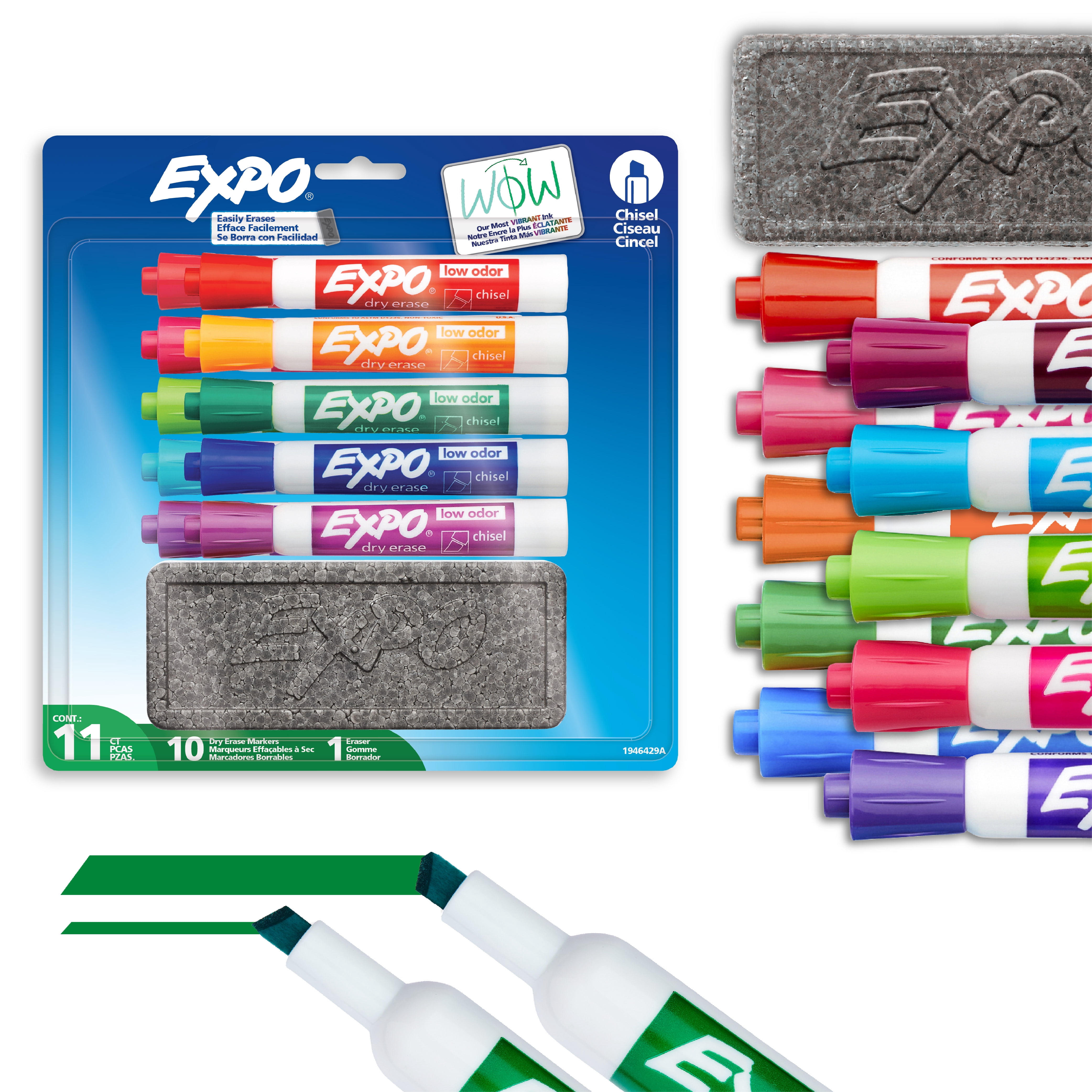Ensemble de marqueurs effaçables à sec EXPO, pointe biseautée, couleurs variées, efface, 11 unités