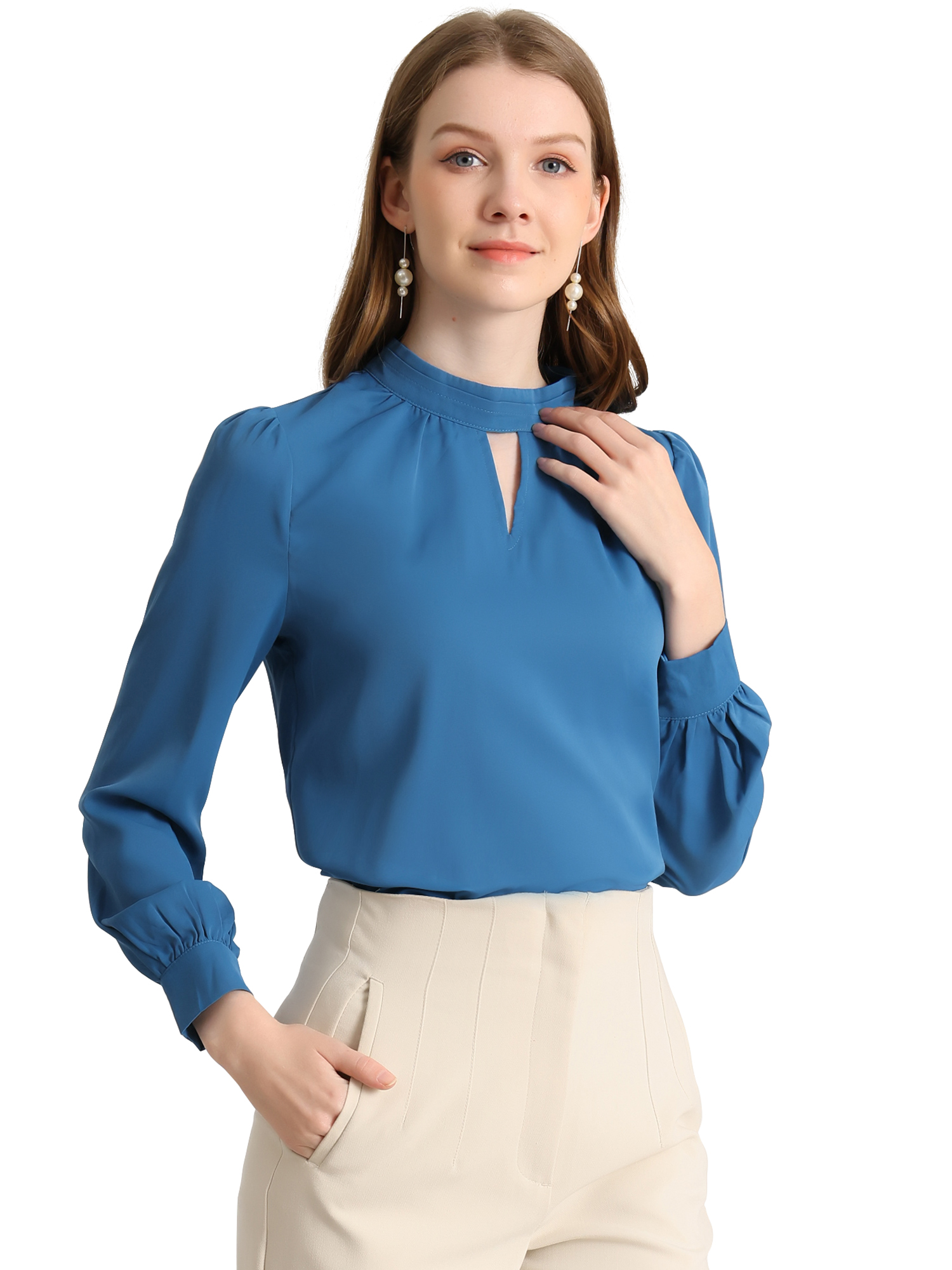 INSPIRE CHIC Blouse à Boutons pour Femmes à Col Montant avec Goutte d'Eau, Dos Plissé
