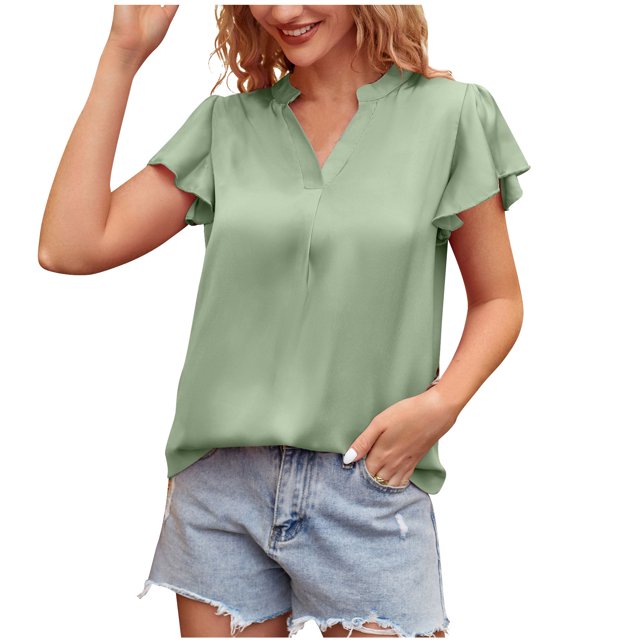 Women's V Neck Blouse Short Ruffle Sleeve Ladies Work Shirts Solid Color Casual Comfy Summer Tops Office Blouses Tunics