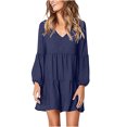 thumbnail image 2 of EGNMCR Robe à Volants pour Femme Été Col en V Couleur Unie Manches Longues Tunique Évasée Robe Grande Taille Tendance Décontractée Soleil Plage Mini Robes, 2 of 6