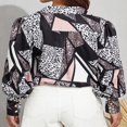 thumbnail image 3 of Women Spring Autumn Retro Bishop Sleeve Shirt Office Lady Solid Color/Leopard Print Lapel Long Sleeve Button-Up Tops Green S, 3 of 8