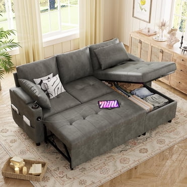 YODOLLA Canapé-Lit, Sofa-Lit 3 en 1 avec Fauteuil de Rangement, Canapé en Similicuir en Forme de L, Sectionnel avec Lit Escamotable Style Mi-Siècle Moderne pour Salon en Liquidation, Canapé-Lit Confortable Noir