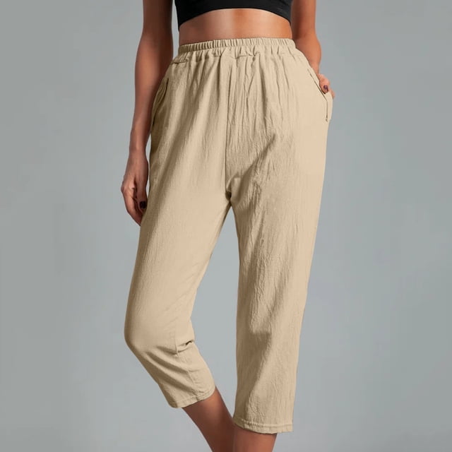 LSLJS Women Casual Solid Color Pockets Elastic Waist Comfortable Straight Calf-Length Pants