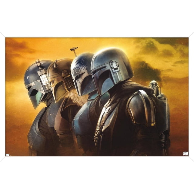 Star Wars The Mandalorian Saison 3 - Affiche Murale de Casques, 22,375 Po x 34 Po Montrant Quatre Casques Mandalorian de Profil Latéral sur Fond Texturé Jaune Doré, Imprimée sur Papier Lustré pour une Oeuvre Murale Vibrante et une Déco de Pièce Adaptée aux Chambres, Bureaux Ou Dortoirs.