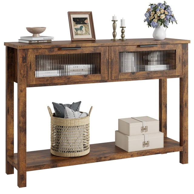 Yiwa 43-Inch Slim Console Table, Modern 2-Tier Sofa/Entryway Table with 2 Glass Storage Drawers for Living Room, Hallway & Foyer