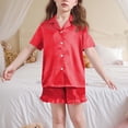 thumbnail image 3 of BLVB Girls Pajamas Satin Pajama Set Silk Pjs Short Sleeve Button down Shirts Summer Ruffle Sleepwear for Big Kids 5-15Y, 3 of 6