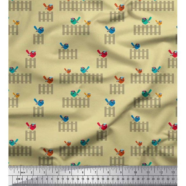Soimoi Rayon Fabric Picket Fence & Bird Artistic Printed Fabric 1 Yard 56 Inch Wide