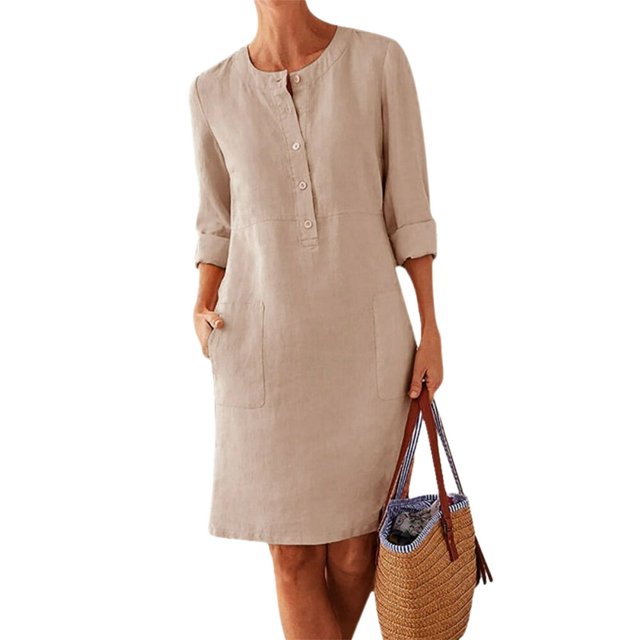 Robe Maxi Basique en Coton et Lin Style Bohème pour Femmes Col Ras du Cou Manches Mi-Longues Tenue Quotidienne