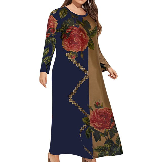LSLJS Plus Size Women Casual Loose Printed Long-sleeve Crew-Neck Dress
