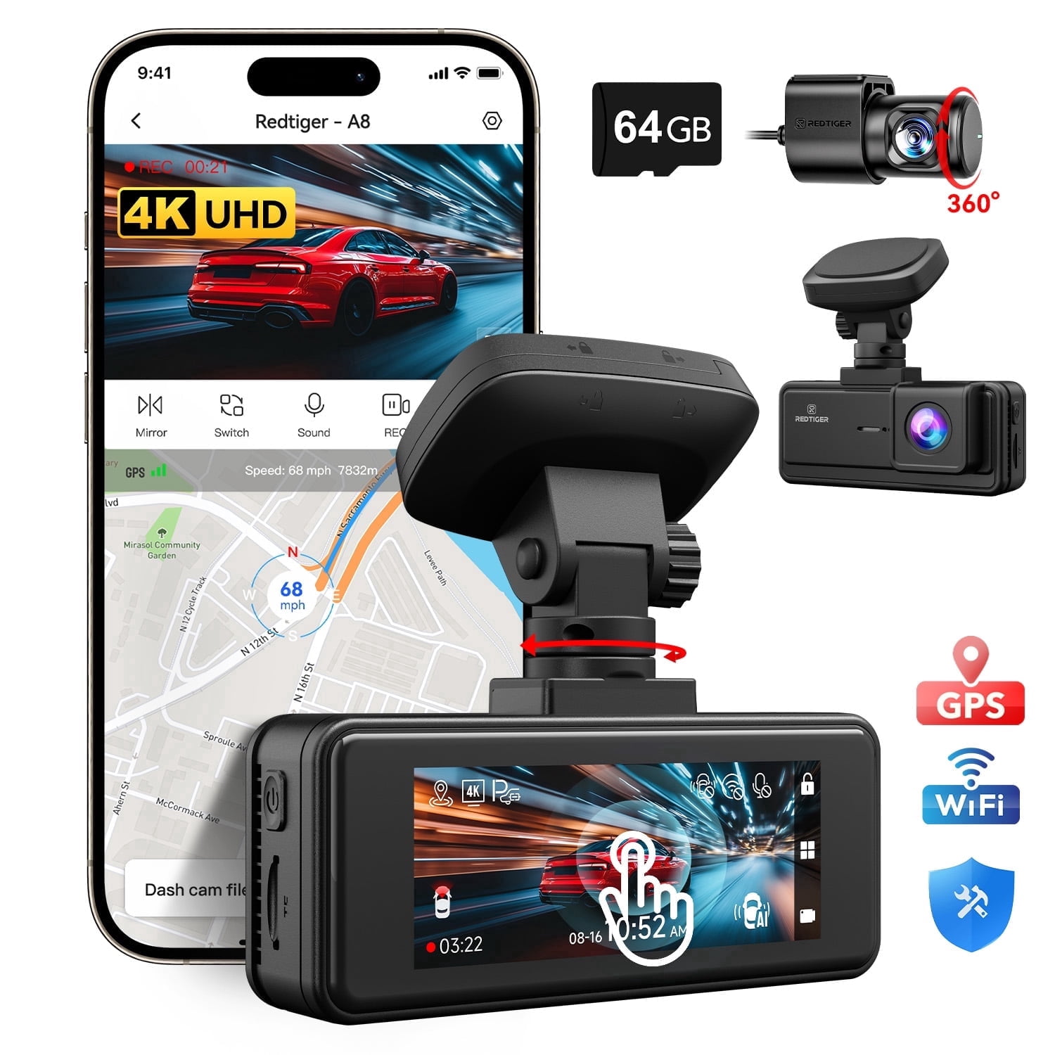 REDTIGER A8 Dash Cam Front and Rear, with AI-Powered Driver Assistance, 3.18" IPS Touch Screen 4K Car Camera,include 64GB Card, Built-in GPS, Super Night Vision, 24H Parking Monitor, G-Sensor