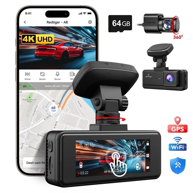 REDTIGER A8 Dash Cam Front and Rear, with AI-Powered Driver Assistance, 3.18" IPS Touch Screen 4K Car Camera,include 64GB Card, Built-in GPS, Super Night Vision, 24H Parking Monitor, G-Sensor