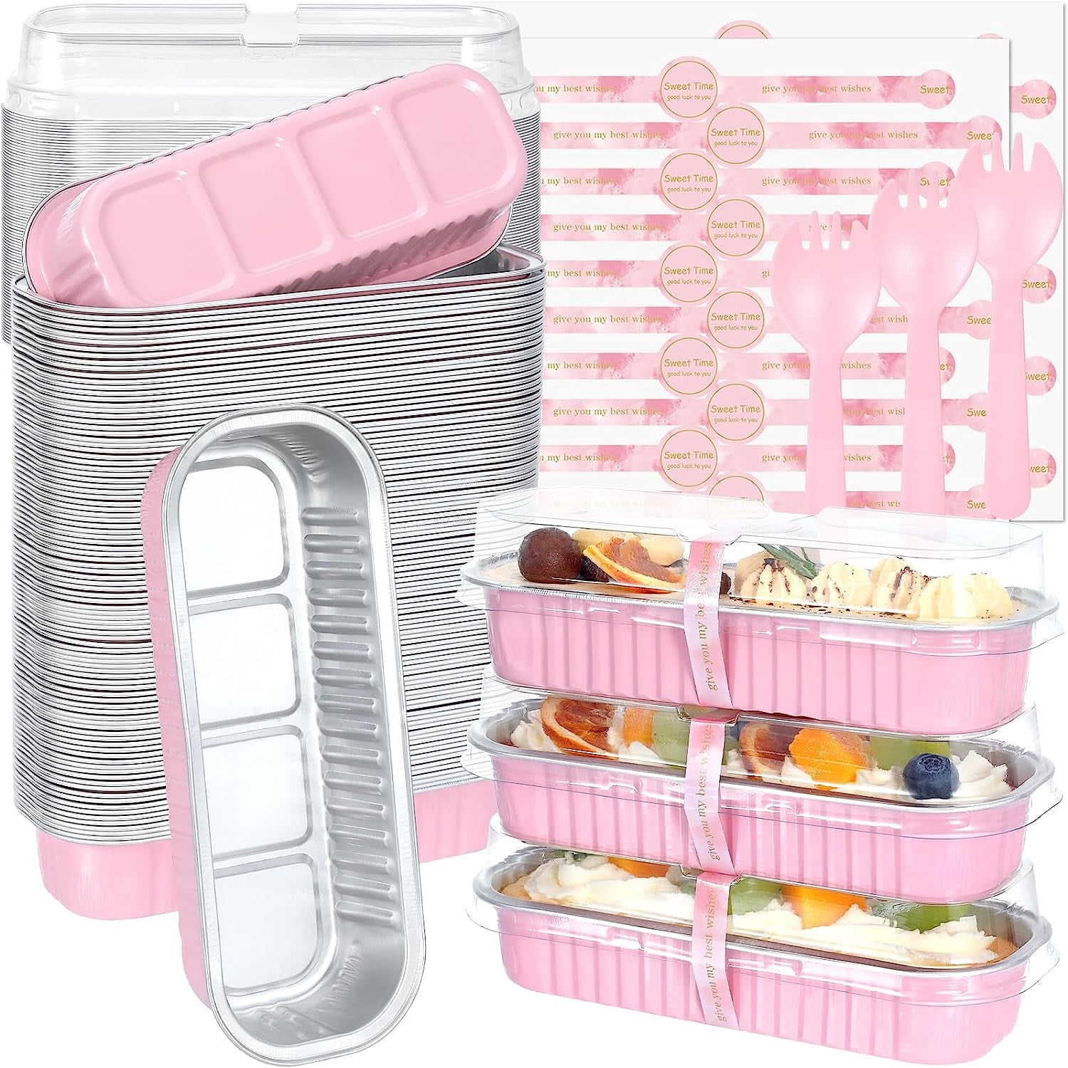 100 Pack Mini Loaf Pans with Lids and Spoons Sealing Sticker, 6.8oz Mini Cake Pans for Baking, Disposable Mini Aluminum Foil Loaf Pans, Pink Mini Loaf Baking Pans, Small Cake Containers with Lids