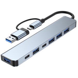 2217 Adaptateur USB-A+USB-C Hub 7-in-1 Multiports USB Station d'accueil avec USB3.0+USB2.0*4+PD+USC Data Port Extension Hub