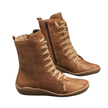 jovati Women Mid-tube Boots Ladies Fashion Vintage Style Solid Zipper Flat Shoes Ankle Short Boots