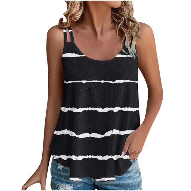 Plebaso Eyelet Tank Tops Womens Sleeveless Embroidery Tunic Print Summer Flowy Shirts for Beach Vacation