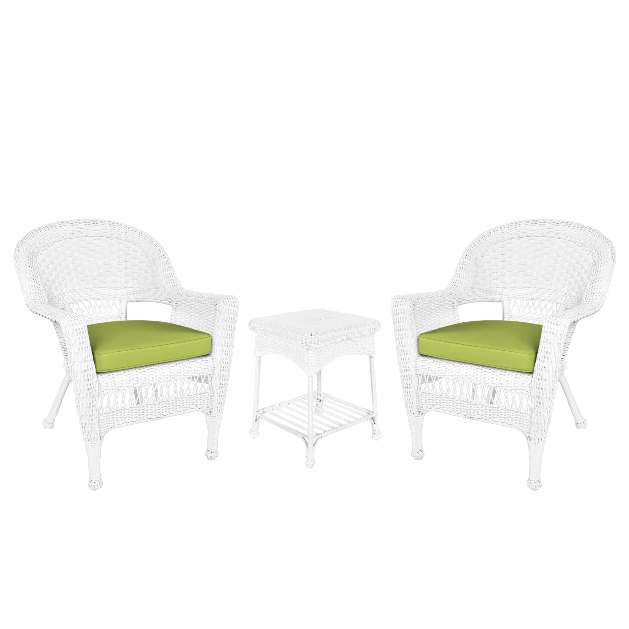 Jeco Ensemble de Conversation en Osier 3 Pcs, Blanc avec Coussins Verts