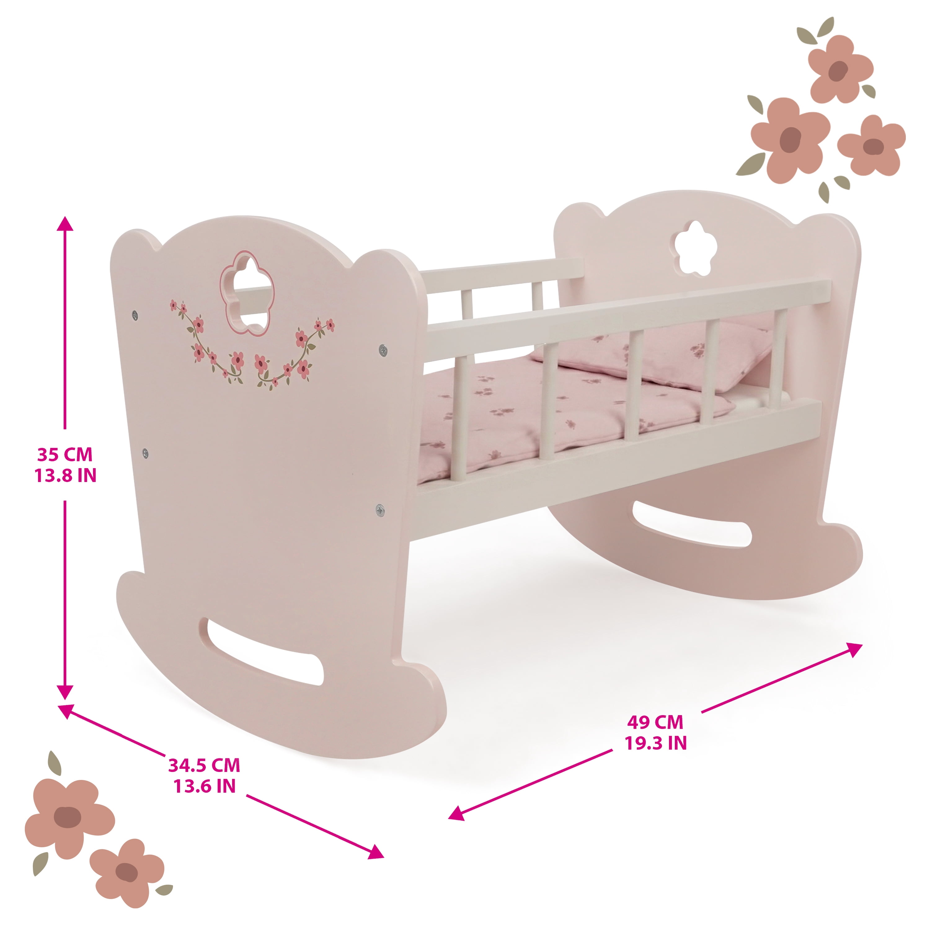 509 Crew - Ballet Flora - Berceau en bois pour poupée - Rose fleuri, accessoire pour poupée, mouvement de bercement doux, matelas et oreiller, jouet d'imitation, enfants de 3 ans et plus