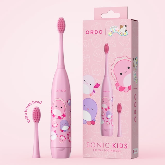 Ordo Sonic Kids Battery Toothbrush - Squishmallows Auggie - Pink featuring a pink sonic toothbrush with soft bristles and colorful Squishmallows character designs including Auggie. It includes a replaceable extra brush head and comes in a matching pink box, designed for children aged 4 and up to promote effective oral care.